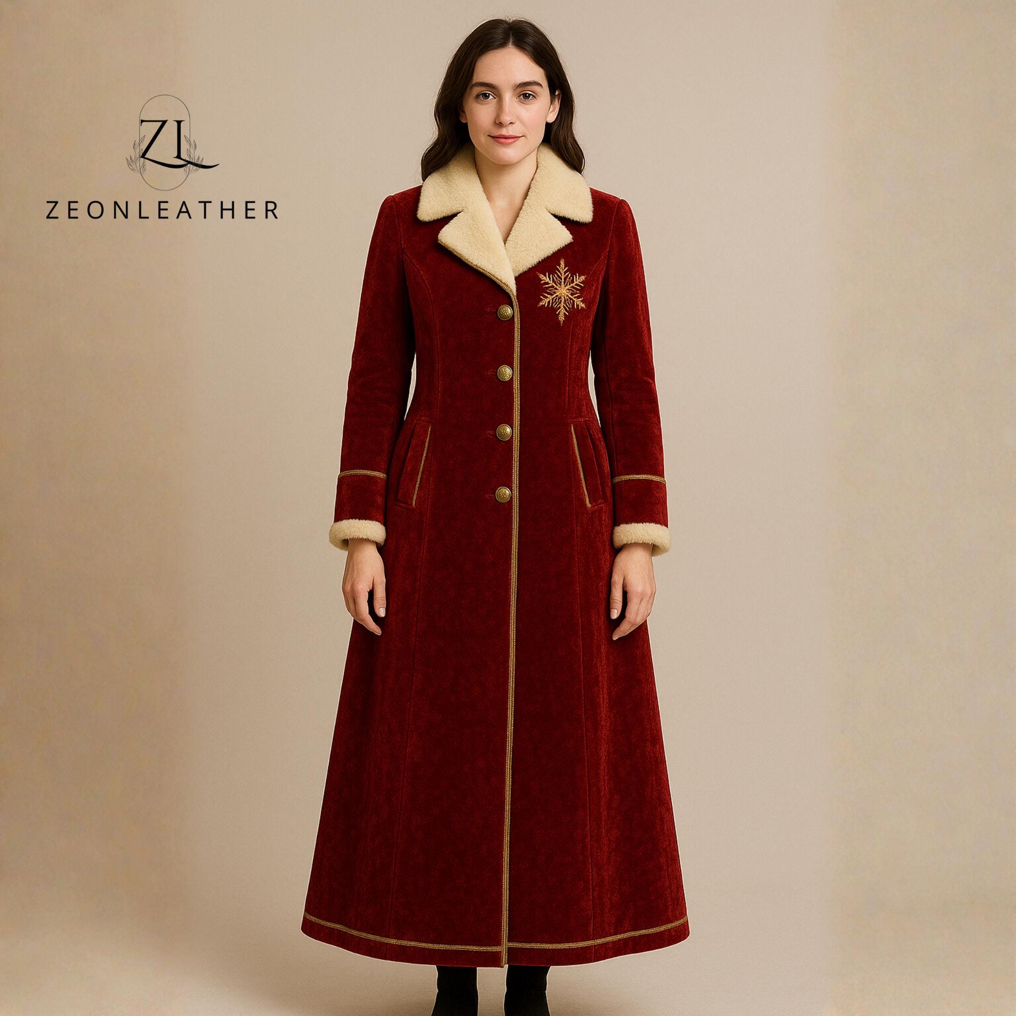 Red Velvet Christmas Coat - Full-Length Winter Overcoat with Fur Collar