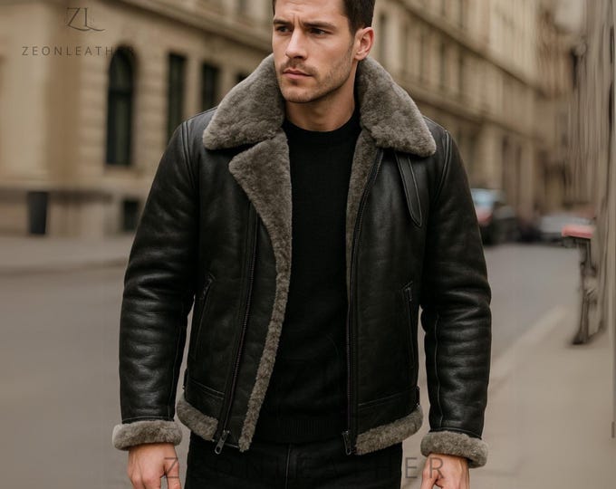 Men's Black Shearling Leather Jacket – Winter Aviator Pilot Coat Real Lambskin Bomber Jacket  Vintage Warm Fur Lined Outerwear Gift For Him