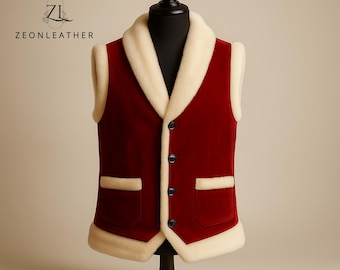 Luxury Red Velvet Embroidered Christmas Vest with White Faux Fur Trim|Unisex Handmade Santa Costume Holiday Waistcoat|Christmas Gift
