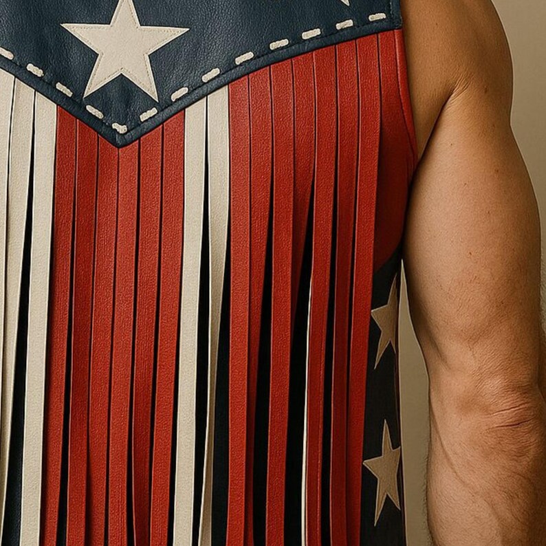 May include: A sleeveless vest with a patriotic design. The top portion is navy blue with a white star and white stitching. The lower portion features red, white, and black fringe.