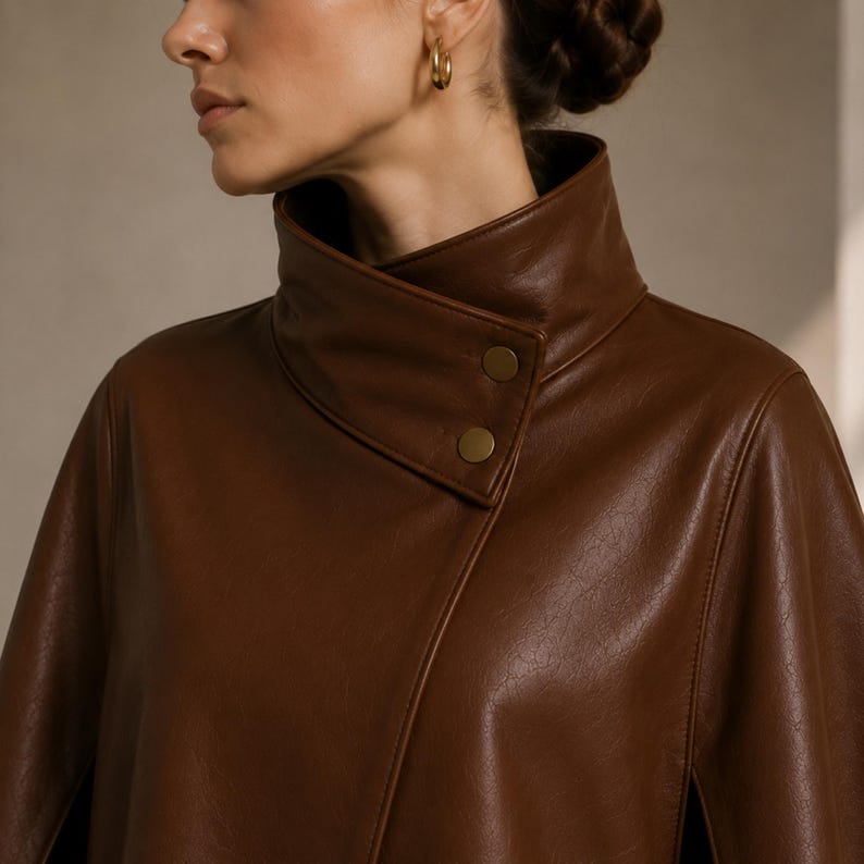 May include: A brown leather cape with a high, rounded collar and two gold-colored buttons. The cape has a smooth texture and a slight sheen, suggesting a high-quality material. The design is modern and elegant, suitable for outerwear.