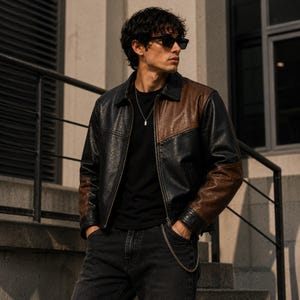 Chaqueta de cuero para hombre con bloques de color – Abrigo de moto retro con patchwork, estilo streetwear, ideal como regalo.