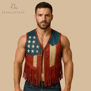 Vintage American unisex Leather Fringe Vest, Patriotic Rodeo Biker ,USA theme Cowboy Festival Vest Hippie ,Halloween Independence Day,