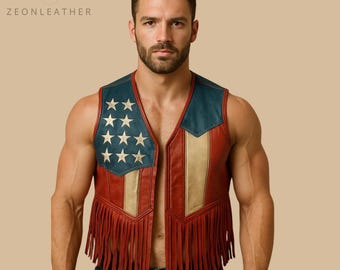 Colete vintage americano unissex de couro com franjas, estilo patriótico, para rodeio, motociclista, cowboy, festival, hippie, Halloween, Dia da Independência.