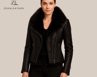 Chaqueta motera de piel de oveja para mujer – Cuello de piel de oveja vintage