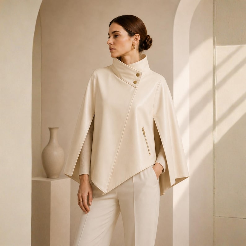 May include: Cream-colored cape jacket with a high collar and asymmetrical design. The jacket features gold-toned buttons and a zipper pocket. The model is wearing matching cream-colored pants. A neutral-toned vase is in the background.