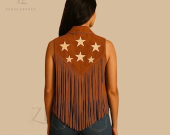 Handmade Suede Fringe Vest with Beaded Stars, Western Cowgirl Boho Festival Waistcoat – Vintage-Inspired Rodeo Outfit ,Concert Outfit.