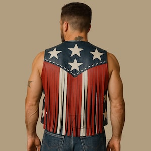 American Flag Leather Fringe Vest: Unisex Cowboy Biker Patriotic Wear