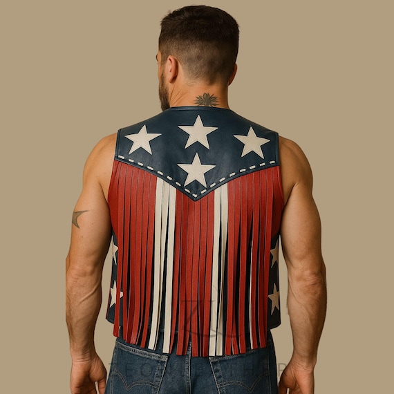 American Flag Leather Fringe Vest: Unisex Cowboy Biker Patriotic Wear