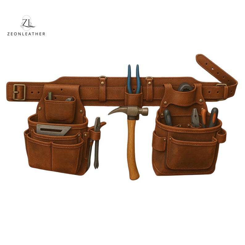 Close-up of full-grain distressed leather tool belt with reinforced stitching, brass rivets, and handmade craftsmanship