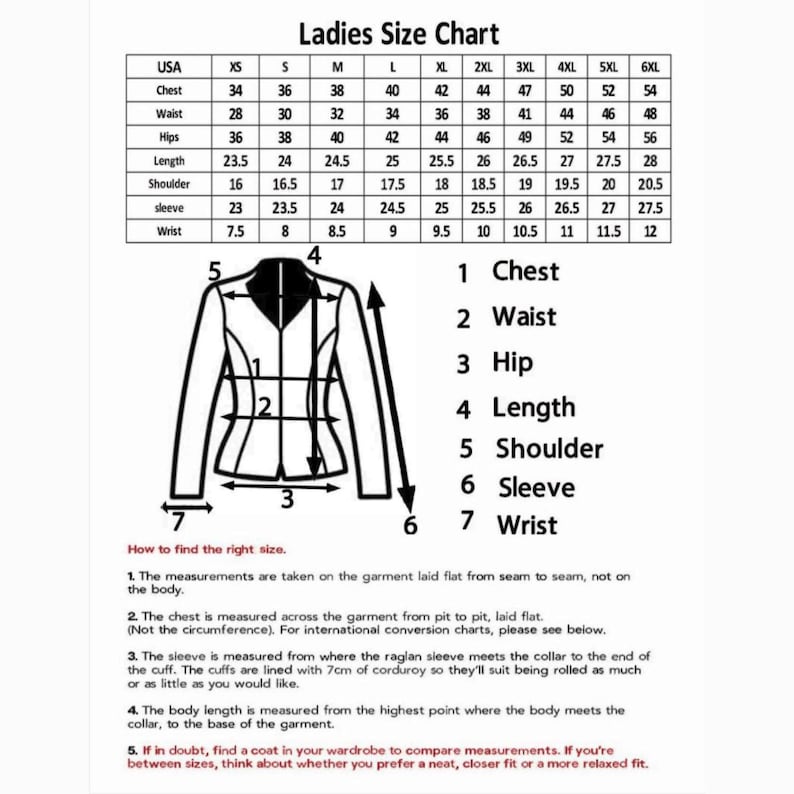 Puede incluir: Tabla de tallas para mujer con medidas en cm para pecho, cintura, cadera, largo, hombro, manga y mu&ntilde;eca. Un diagrama de chaqueta ilustra los puntos de medici&oacute;n. Texto explicativo.