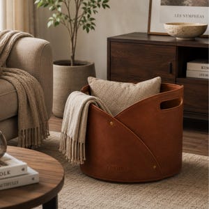 May include: A brown leather storage basket with a decorative design, holding a beige throw blanket and a patterned pillow. The basket has handles and is on a neutral-coloured rug. The word "LUXORA" is printed on the side.