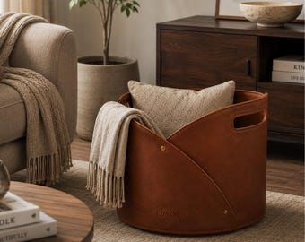 Cesto portaoggetti in pelle di lusso, cesto per coperte, contenitore organizer in pelle, arredamento moderno per la casa, regalo per l'inaugurazione della casa, cesto decorativo