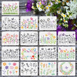 May include: A collection of sixteen wooden stencils featuring floral designs. The stencils showcase various flower and plant illustrations, including butterflies and dragonflies, in a range of colors and styles. Ideal for crafting and DIY projects.