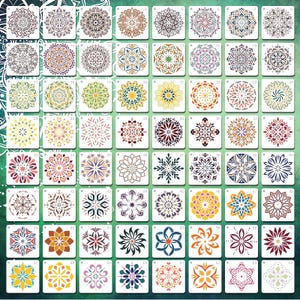May include: A collection of 64 square stencils featuring various mandala designs. The stencils showcase intricate patterns in shades of brown, purple, green, yellow, and blue. Each stencil is numbered and set against a green background.
