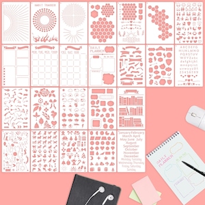 Juego de 24 plantillas de diario A5: plantillas reutilizables para bullet journaling, scrapbooking y manualidades.