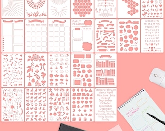 May include: Set of 20 white plastic stencils with pink outlines. The stencils feature various designs including arrows, flowers, clouds, frames, books, geometric shapes, stars, hearts, and letters. The stencils are designed for use with a variety of crafting projects.