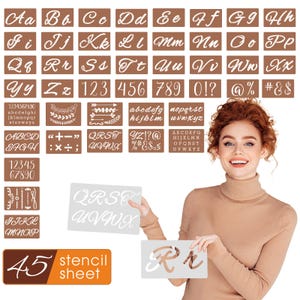 Kit de estênceis de alfabeto com 45 peças com números, símbolos e guirlanda - Modelos de letras de plástico reutilizáveis para placas, quadros-negros (3 tamanhos)