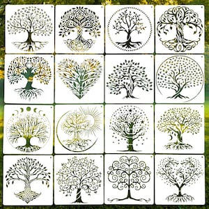 May include: Sixteen square stencils featuring various tree designs. The stencils showcase intricate tree of life patterns, including trees within circles, hearts, and with celestial elements. The designs are in shades of green and brown, suitable for crafting and art projects.