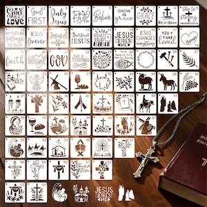 May include: A selection of stencils with religious motifs, including phrases such as "God is Love," "Jesus Forever," and "Read Your Bible." The stencils are square and made of a light material, with Christian symbols and text designs.
