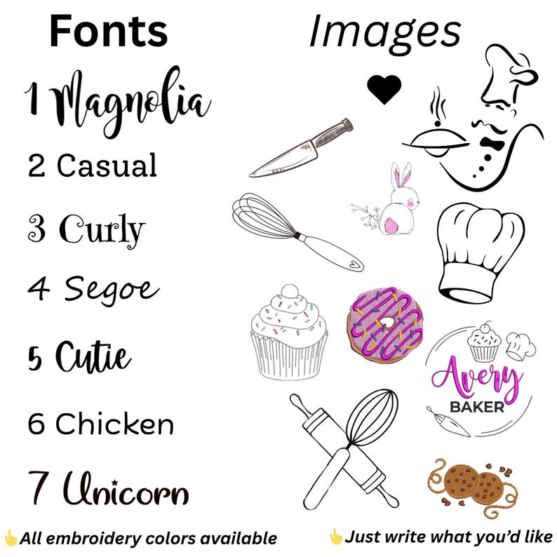 Pu&ograve; includere: Un grafico bianco con esempi di font e illustrazioni a tema panetteria. Il testo include nomi di font come "Magnolia" e "Cutie", e immagini di un cupcake, una ciambella e un mattarello. Testo: "Tutti i colori del ricamo disponibili" e "Scrivi semplicemente quello che vuoi."
