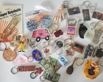 Porte-clés des années 1980 et 1990 - tirette de sac à dos, monde marin, porte-clés prénom