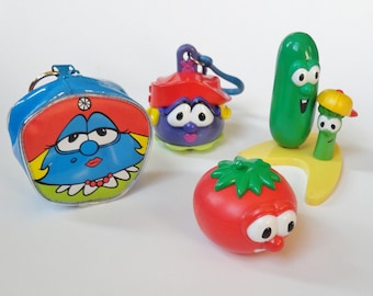 1 Veggie Tales LOT - Cake Topper, Zipper Pull/Key Chain, Coin Purse - Madame Blueberry Larry the Cucumber Bob the Tomato, Retro Cartoon Gift