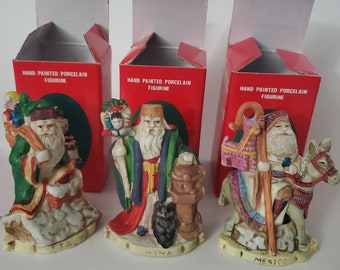 SANTAs of the NATIONS Hand Painted (UNaltered, ORIGINAL Paint) 1991 Porcelain Figurine - China, Mexico, Italy, Sweden - Vintage