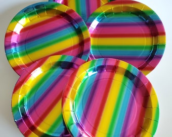 12 METALLIC Shiny RAINBOW Stripe Party PLATES - Snack Plates, Ice Cream & Cake plates