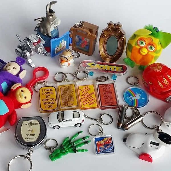 Vintage 1980s 90s Key Chains - Retro Backpack Zipper Pull, GUY gift, Shrek, Adult Humor, Funny Key Ring, AUDI, Snoopy, Bullet, Hot Wheels