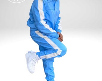 Blue and White Leather Tracksuit: Men's Jacket & Joggers Set