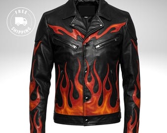 archive black flame Leather jacket 黒 Men's Handmade Black Leather Flame Jacket – Cowhide Biker Coat
