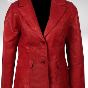 Women's Red Leather Jacket Genuine Lambskin Two Button Classic Blazer Style Fashion Coat Outerwear