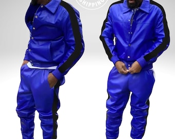 Chándal de cuero azul y negro: conjunto de chaqueta y jogger