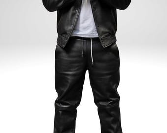 Men's Black Genuine Leather Tracksuit - Customizable Design