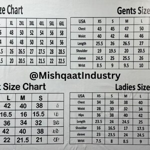 Puede incluir: Tablas de tallas para chalecos y otras prendas, con medidas de pecho, cintura, largo y hombros en cent&iacute;metros. Tablas para hombres y mujeres, con el texto "@MishqaatIndustry".