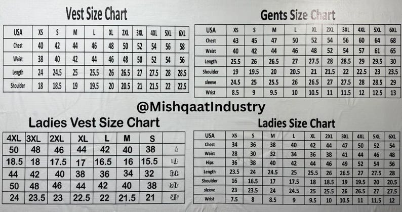 Puede incluir: Tablas de tallas para chalecos y otras prendas, con medidas de pecho, cintura, largo y hombros en cent&iacute;metros. Tablas para hombres y mujeres, con el texto "@MishqaatIndustry".