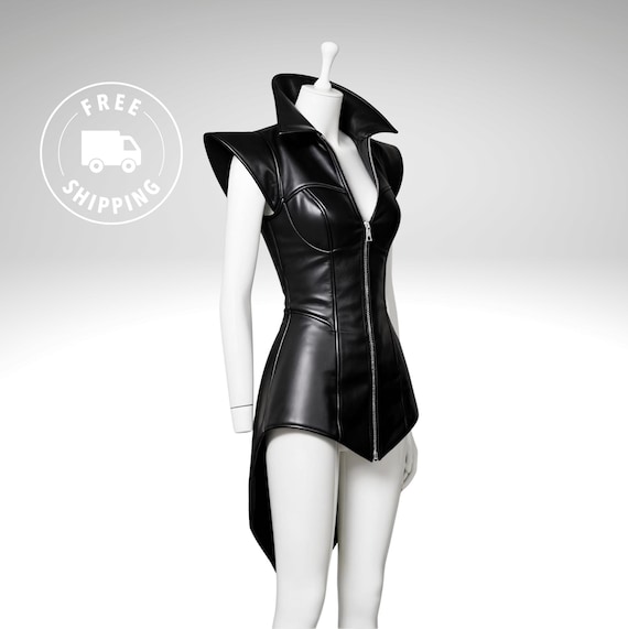 Handmade Gothic Leather Corset Dress: High-Low Punk Fashion Handmade Gothic Leather Corset Dress: High-Low Punk Fashion