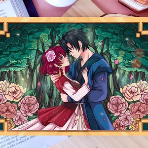 May include: A digital illustration of a couple in a forest setting. The woman has long red hair and is wearing a red and white dress. The man has black hair and is wearing a blue and black outfit. They are embracing and looking at each other. The background is a lush green forest with pink flowers.