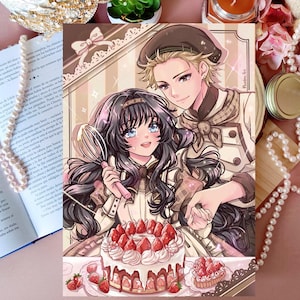 May include: An illustration of two anime-style characters, a man and a woman, in a bakery setting. The woman holds a whisk, and a strawberry cake is in front of them. The image has a soft, pastel color palette with pink and brown tones.