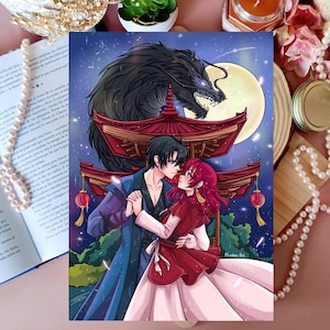 May include: A digital illustration of a couple dancing in front of a red and gold pagoda. The man is wearing a blue robe and the woman is wearing a red and white dress. A black dragon is in the background with a full moon behind it.