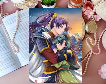 Op de afbeelding: Een kleurrijke anime-stijl illustratie van twee figuren die elkaar omarmen. De mannelijke figuur heeft paars haar en draagt een harnas. De vrouwelijke figuur heeft groen haar en draagt een groene en zwarte outfit. De achtergrond toont een bergketen en een zonsondergang.