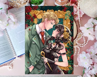 May include: A romantic illustration of a couple in a gold frame with red roses and green leaves. The man is wearing a green suit and the woman is wearing a black dress. They are looking at each other with love in their eyes.