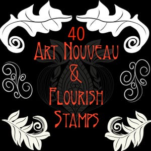 Può includere: Un design grafico in bianco e nero con 40 francobolli Art Nouveau & Flourish. Il design presenta un motivo floreale stilizzato con volute e foglie.