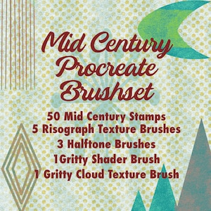 Conjunto de pincéis Procreate Mid-Century Modern | 50 pincéis de carimbo retrô + texturas de risografia e meio-tom