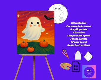 May include: A Halloween-themed paint kit featuring a pre-sketched canvas with a smiling ghost and pumpkins. The kit includes acrylic paints, brushes, an apron, a palette, a paper towel, and instructions. The canvas is displayed on a wooden easel.