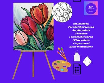 Tulip Flower DIY Paint Kit , Pre Drawn Canvas Kit, Spring Art Activity