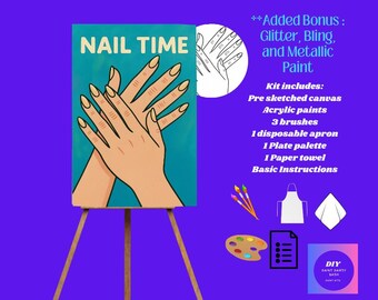 Könnte beinhalten: Ein Nagelkunst-Set mit einer Leinwand mit der Aufschrift "NAIL TIME" und einer Zeichnung von Händen mit langen Nägeln. Das Set enthält Acrylfarben, Pinsel, eine Schürze, eine Palette und Anweisungen. Bonus: Glitzer, Bling und Metallic-Farbe.
