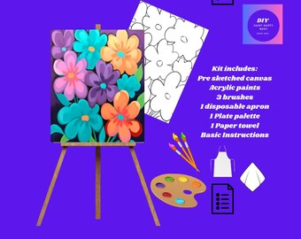 Op de afbeelding: Een DIY-verfparty-kit met een voorgestreken canvas met een kleurrijk bloemenontwerp. De kit bevat acrylverf, kwasten, een wegwerpschort, een bordpalette, een papieren handdoek en basisinstructies.