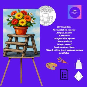 Könnte beinhalten: Ein DIY-Malset mit einer vorgeskizzierten Leinwand eines Blumentopfs mit bunten Blumen auf einem Holzschemel. Das Set enthält Acrylfarben, Pinsel, eine Schürze, eine Palette und ein Papiertuch.